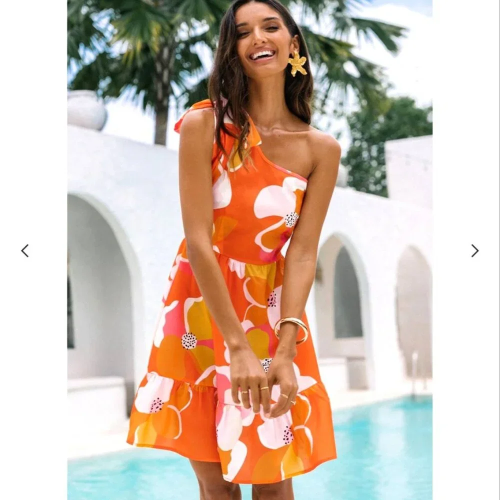 NWOT Cupshe Print Bow One Shoulder Dress Size XS - Picture 2 of 7